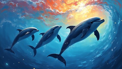 Obraz premium vibrant dolphins swimming colorful swirling ocean