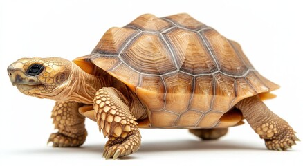 Obraz premium Detailed Close-Up of a Beautiful Turtle Walking with Texture and Color Variations Against a Simple White Background