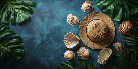 Beach vacation essentials straw hat and seashells coastal setting flat lay photography tropical atmosphere aesthetic appeal