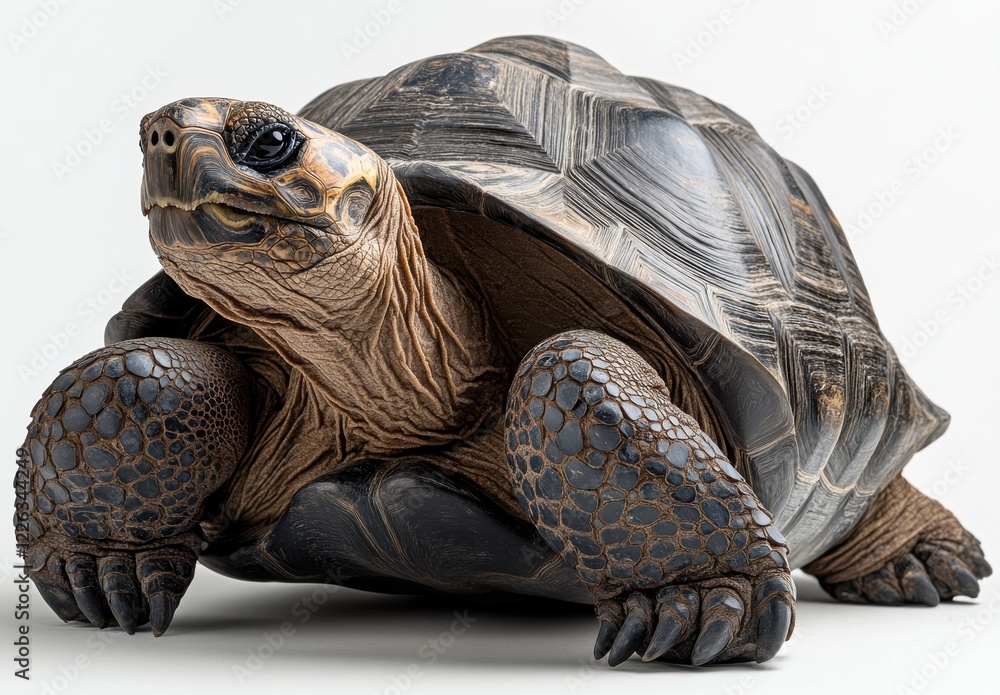Poster detailed close-up of a realistic tortoise with textured shell and expressive facial features on neut