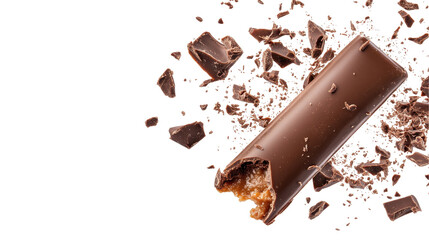 Delicious chocolate bar with pieces crumbling around it, perfect for dessert cravings. transparent background