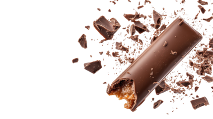 Delicious chocolate bar with pieces crumbling around it, perfect for dessert cravings. transparent background