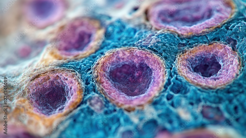 Poster microscopic view of cellular structures.