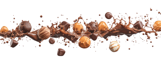 Chocolate Treats' Splashes: An artistic display of various chocolate confections and cocoa splashes suspended in mid-air, creating a delightful visual of indulgence and temptation.
