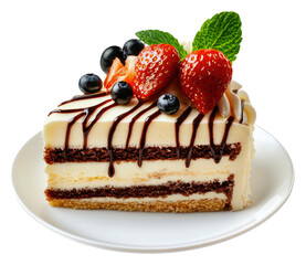 Berry chocolate drizzle cake isolated on transparent background