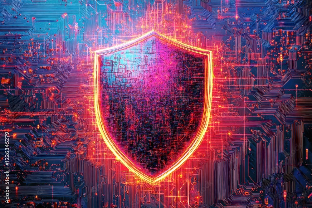 Poster cybersecurity shield glowing on circuit board. illustrates digital protection and data security conc