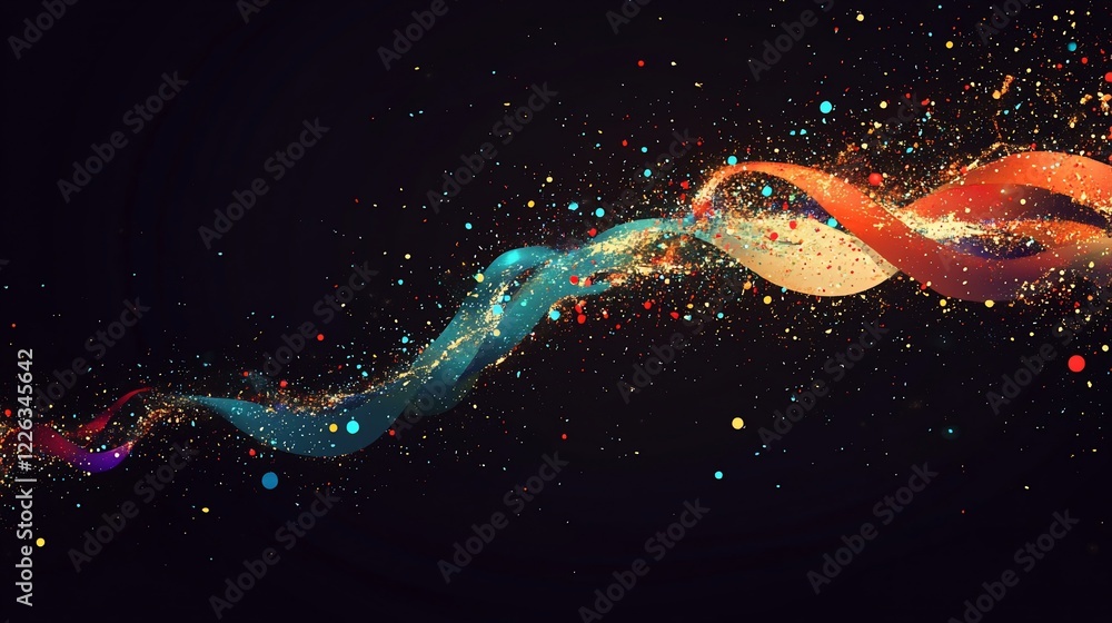 Poster abstract dynamic ribbon of color and light particles on a dark background