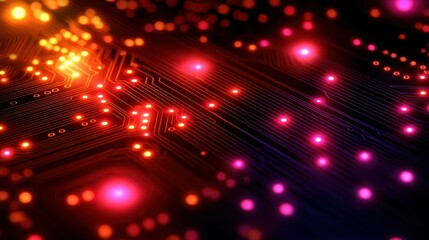 Glowing circuit board background with flowing neon lines in random patterns, capturing the essence of advanced AI and big data in a vibrant, modern style.