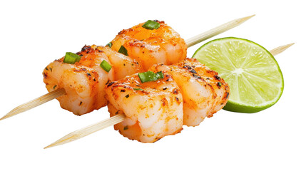 Delicious shrimp skewers with lime slices. transparent background