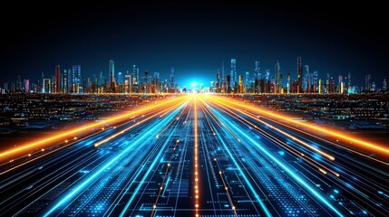 Fototapeta premium Modern circuit board concept with colorful streaming neon lines, creating a futuristic background ideal for AI and big data-themed illustrations.