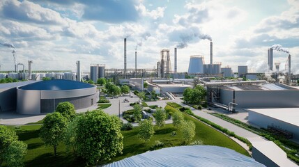 Fototapeta premium Aerial view of a large industrial complex with multiple buildings and smokestacks