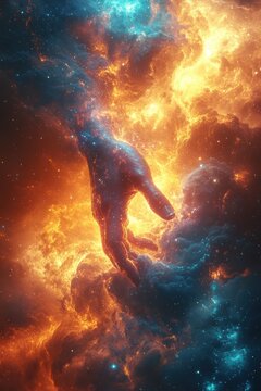 Divine Creation of the Universe Depicted in Genesis God Reaches Down from the Cosmos to Illuminate Earth with Light and Power