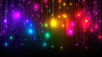 Obraz premium Bright and vibrant circuit board background with colorful streaming neon lines, showcasing the futuristic possibilities of AI and big data applications.