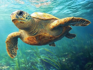 Fototapeta premium Graceful sea turtle gliding through clear blue water with vibrant underwater vegetation and sunlight filtering through the ocean surface