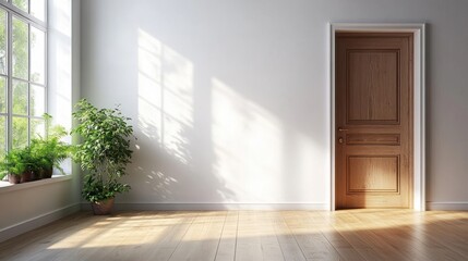 Minimalist Interior Living Room with White Walls and Wooden Door in Bright Natural Light
