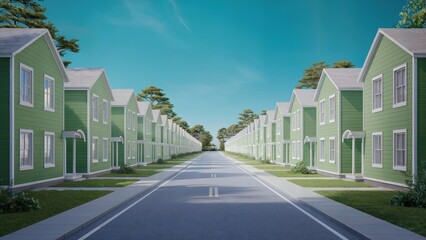 A long street lined with identical green houses on a sunny day.  The scene is peaceful and evokes a sense of community and suburban living.