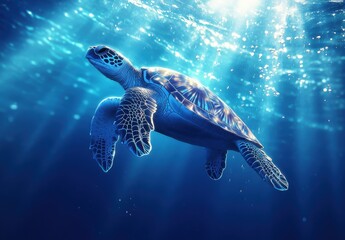 Graceful Sea Turtle Gliding Through Crystal Clear Ocean Waters with Sunlight Streaming Down from Above