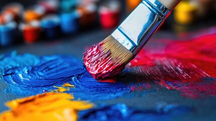 Fototapeta premium Vibrant Colors on Canvas: A Close-Up of an Artist's Brush and Palette