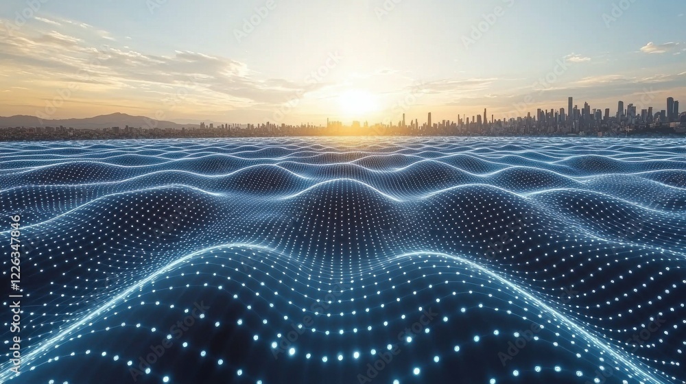 Wall mural sleek digital landscape in blue tones with wave-like patterns and glowing points, capturing the esse