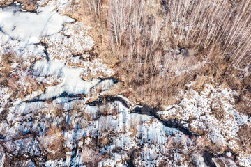 aerial view of snow-covered forest swamp at bright sunny spring day. drone photo.