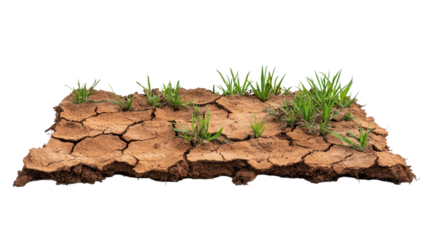 Dry, cracked earth with patches of green grass, representing drought and resilience. transparent background