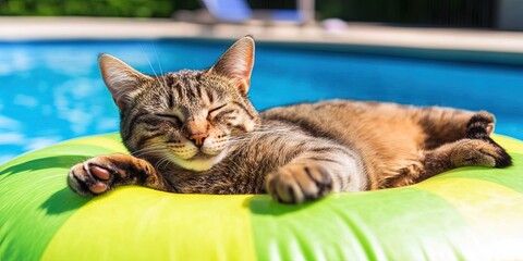 cat relaxing on pool floatie