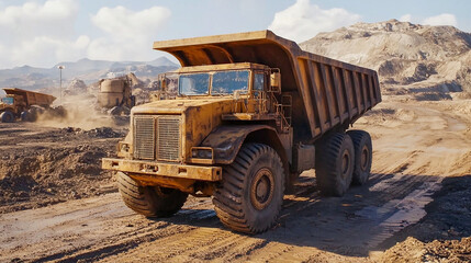 Obraz premium A large mining truck drives along a dirt road with a load of ore. Surrounding the truck are mining equipment