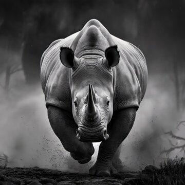 Fototapeta A powerful rhinoceros charges forward, dust flying, in a dramatic black and white image.  Its intense gaze commands attention.