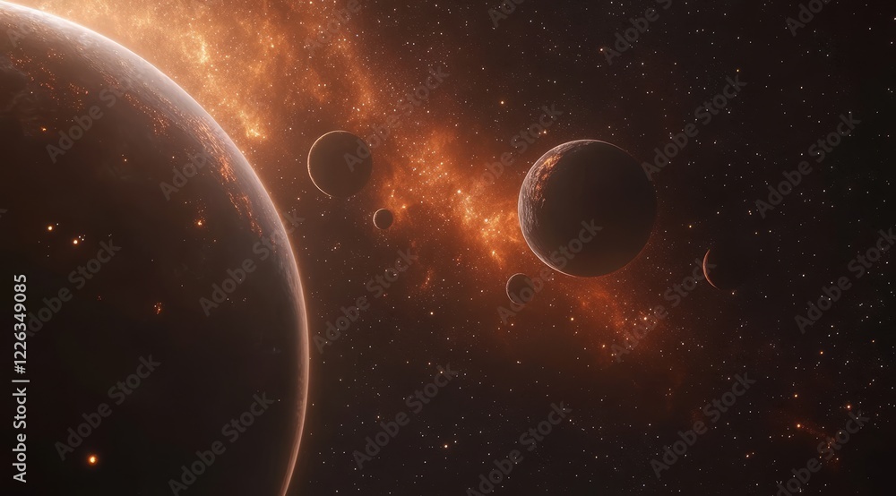 Poster fiery nebula illuminates planetary system with multiple planets of varying sizes.