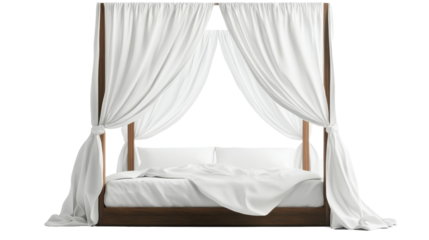 Elegant four-poster bed with white curtains. transparent background