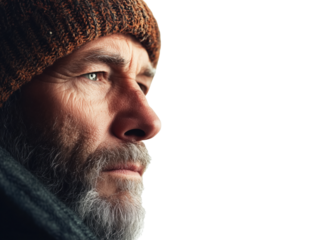 A Homeless Man in Contemplation: A Moment of Stillness Against a Simple White Backdrop, Shedding Light on the Overlooked Struggles of the Homeless Community.