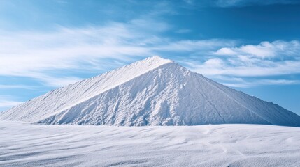 White pyramid shaped salt mountain under bright blue sky with thin clouds