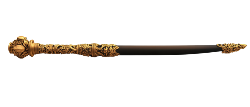 Elegant golden ceremonial dagger with ornate handle. transparent background