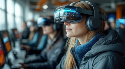 Immersive Virtual Reality Experience: Woman Exploring Metaverse