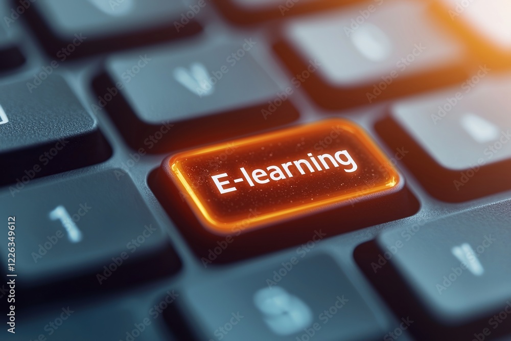 Poster online learning platform concepts. e-learning button on a modern keyboard with glowing effect.