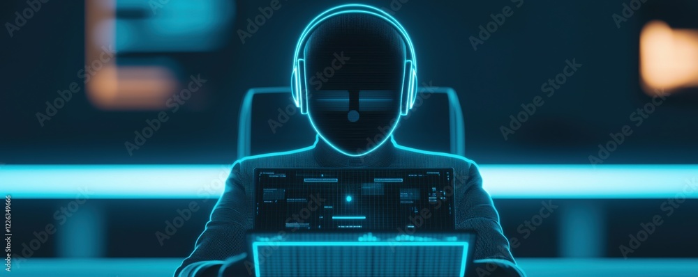Poster online learning platform concepts. futuristic person with headphones interacting with digital interf