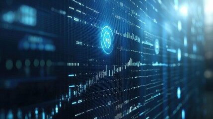 Fototapeta premium Futuristic blue digital background with an AI icon, interactive data matrix, and HUD technology, ideal for vertical video applications in tech presentations.