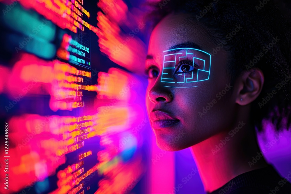 Poster online learning platform concepts. futuristic woman with digital face overlay and colorful code back
