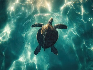 Obraz premium Graceful Sea Turtle Swimming in Crystal Clear Water Underneath Sunlight in Serene Ocean Environment