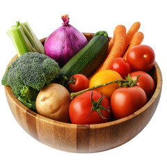 fresh vegetables in a wooden bowl isolated on transparent white background, clipping path
