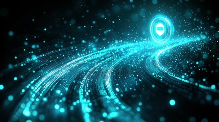 Obraz premium Abstract blue vertical background with a prominent AI icon, dynamic data simulation, and HUD screen visuals, perfect for futuristic tech concepts.