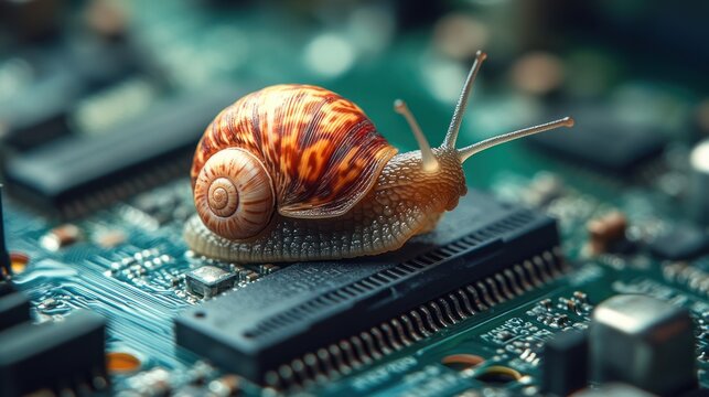 Snail on circuit board, slow computer, technology problem.