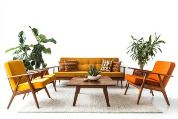 Fototapeta premium Stylish Mid-Century Living Room with Colorful Furniture and Plants