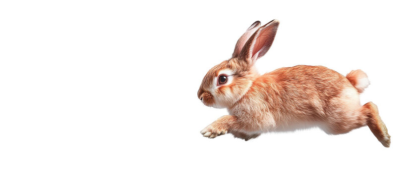 Whimsical Dash: A russet rabbit gracefully leaps forward, its ears perked, in a dynamic display of agility and vivacity, against a seamless background.