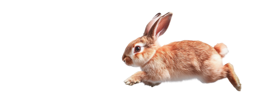 Whimsical Dash: A russet rabbit gracefully leaps forward, its ears perked, in a dynamic display of agility and vivacity, against a seamless background.