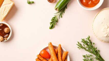Flat lay of assorted food items arranged around a blank pink background with copy space