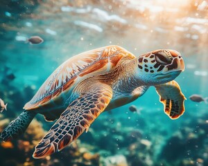 Fototapeta premium Graceful Sea Turtle Swimming Through Coral Reef Underwater Paradise in Crystal Clear Ocean Waters Illuminated by Sunlight Rays