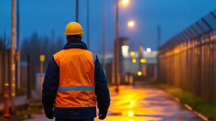 Worker in safety gear observing a dimly lit industrial area at dusk, reflecting on the day's work