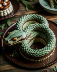 Fototapeta premium Intricate snake-shaped cake with a detailed green snake figurine and textured frosting on a wooden platter