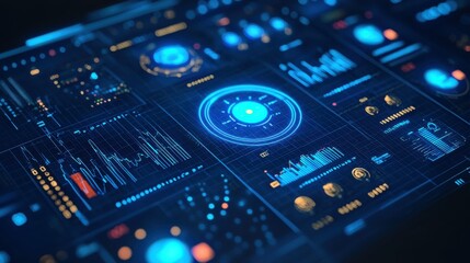 Fototapeta premium Abstract blue vertical video featuring a luminous AI icon, futuristic HUD elements, and dynamic data matrix simulation for technology presentations.